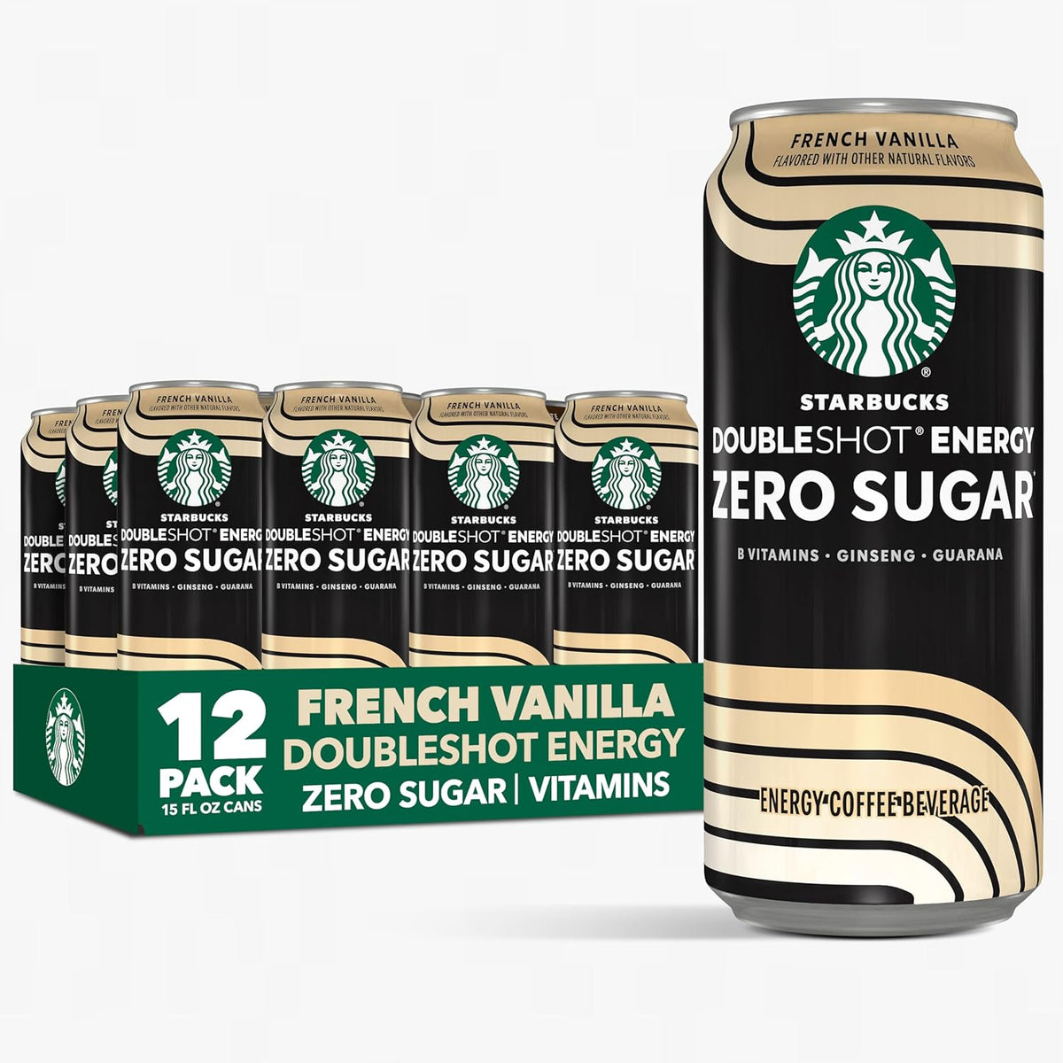 Starbucks Doubleshot Zero Sugar French Vanilla coffee energy drink cans, 15 oz, 12-pack with B vitamins, ginseng, and guarana.