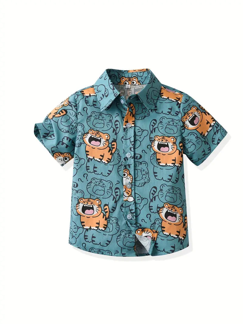 Dark cyan boys' summer shirt with cute tiger print and short sleeves, from BackupMyFilesNow.com
