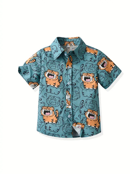 Dark cyan boys' summer shirt with cute tiger print and short sleeves, from BackupMyFilesNow.com