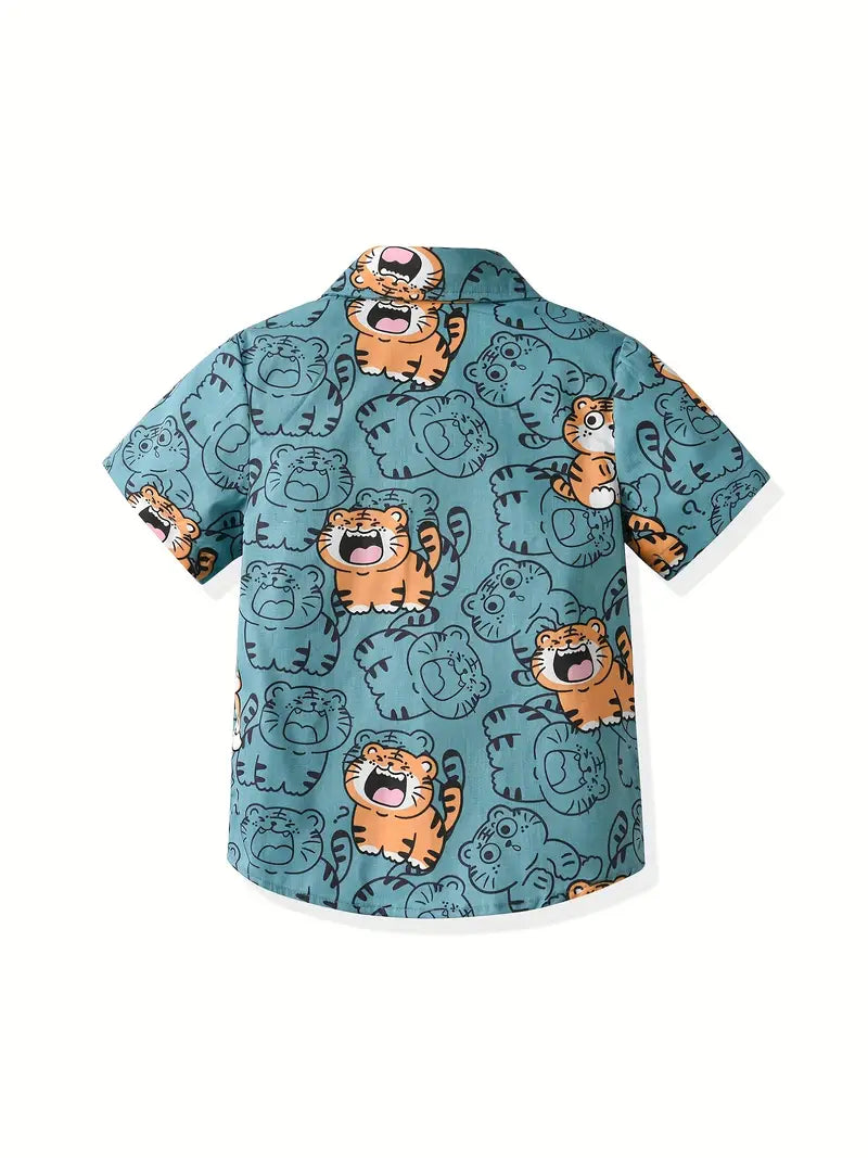 Boys' short sleeve summer shirt with a cute tiger print in dark cyan, from BackupMyFilesNow.com