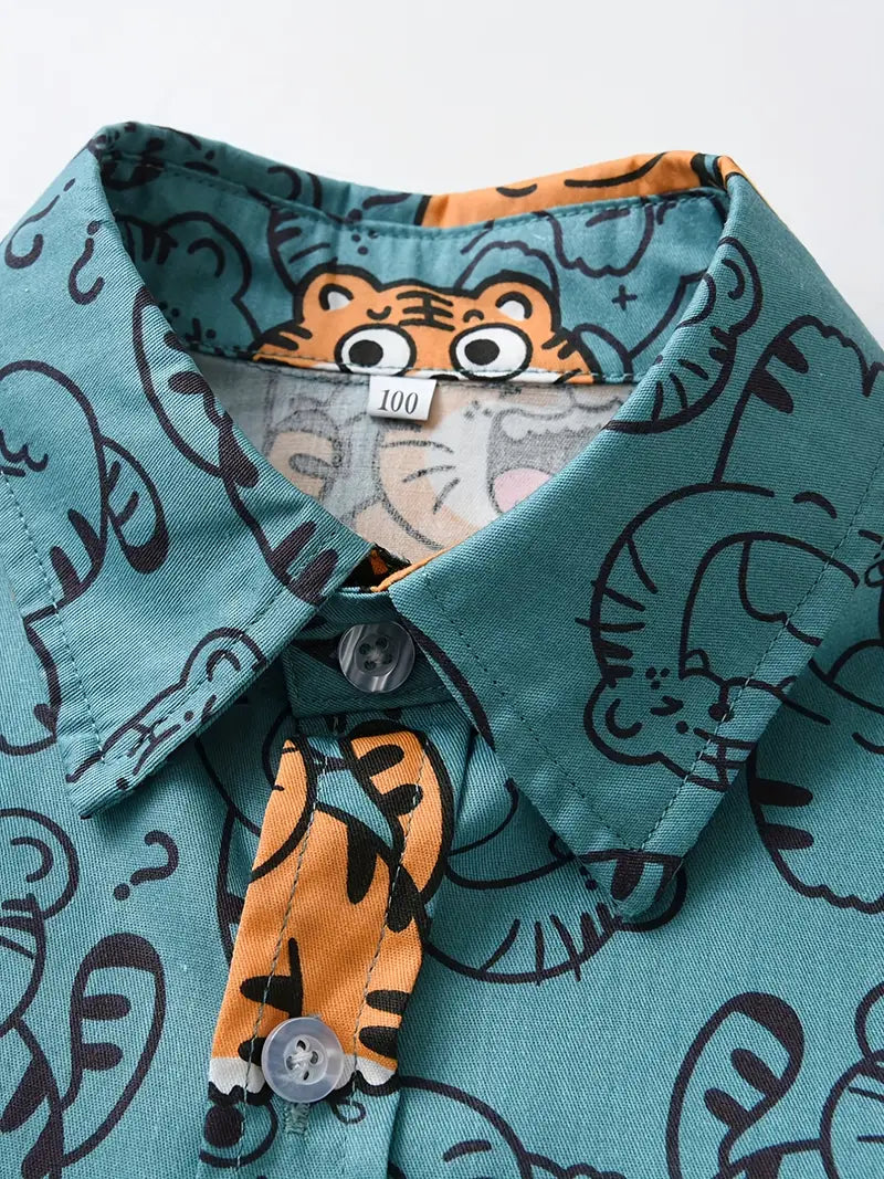 Cute boys' short sleeve summer shirt with tiger print in dark cyan, from BackupMyFilesNow.com.