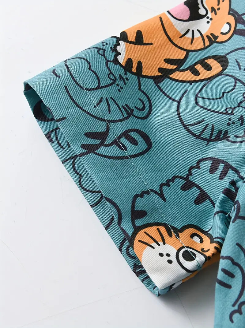 Dark cyan boys' short sleeve summer shirt with a cute tiger print, from BackupMyFilesNow.com.