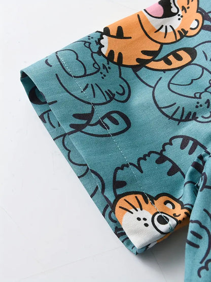 Dark cyan boys' short sleeve summer shirt with a cute tiger print, from BackupMyFilesNow.com.