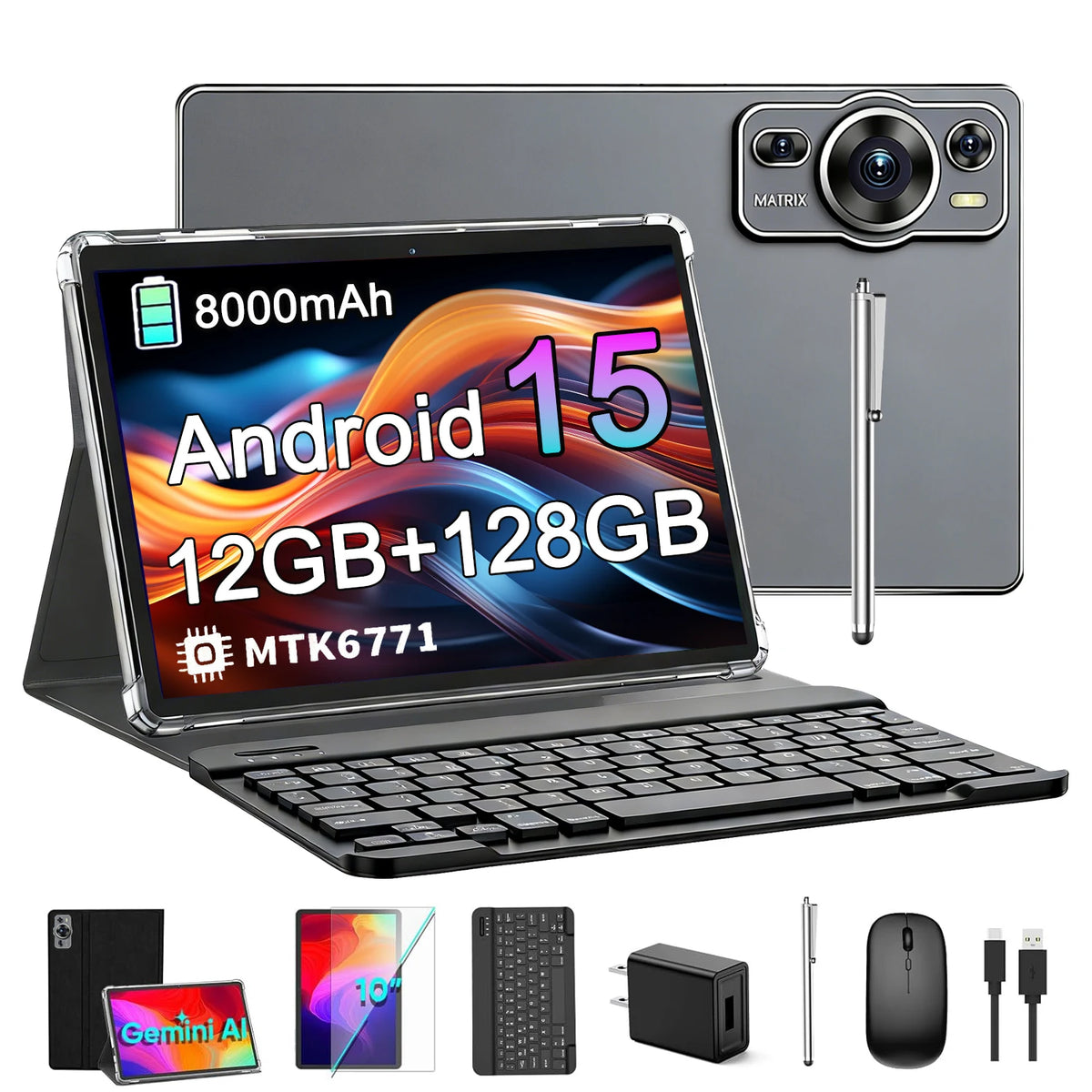 Dark gray 10.1-inch Android 15 tablet with 12GB RAM, 128GB ROM, Wi-Fi, keyboard, ideal for business and entertainment.