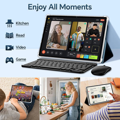 Dark gray 10.1-inch Android 15 quad-core tablet with 12GB RAM, 128GB storage, Wi-Fi, keyboard, ideal for business and entertainment.
