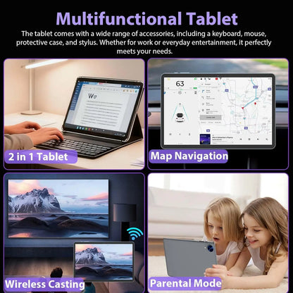 Dark gray 10.1-inch Android 15 quad-core tablet with 12GB RAM, 128GB storage, Wi-Fi, keyboard, suited for business and entertainment.