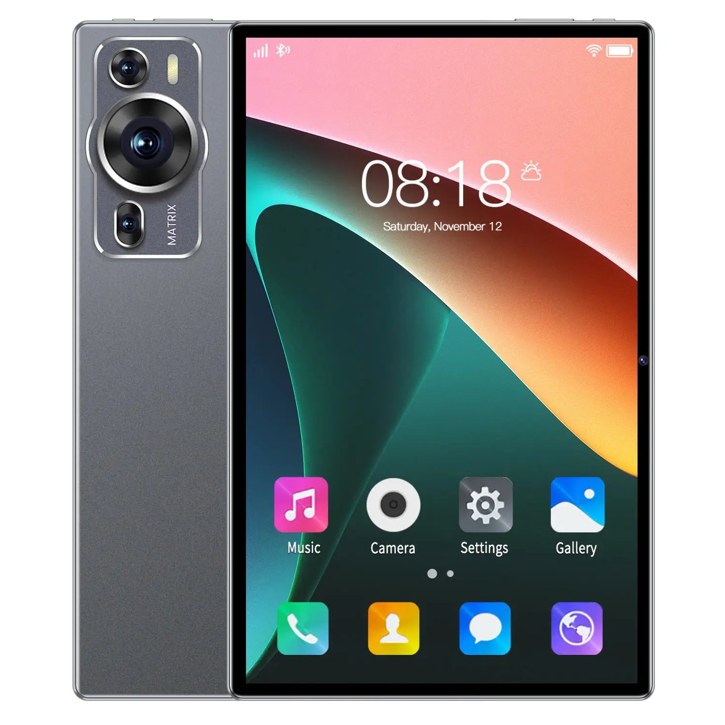 Dark gray 10.1-inch Android 15 tablet with 12GB RAM, 128GB ROM, keyboard, Wi-Fi, and dual 5MP/13MP cameras for business and entertainment.