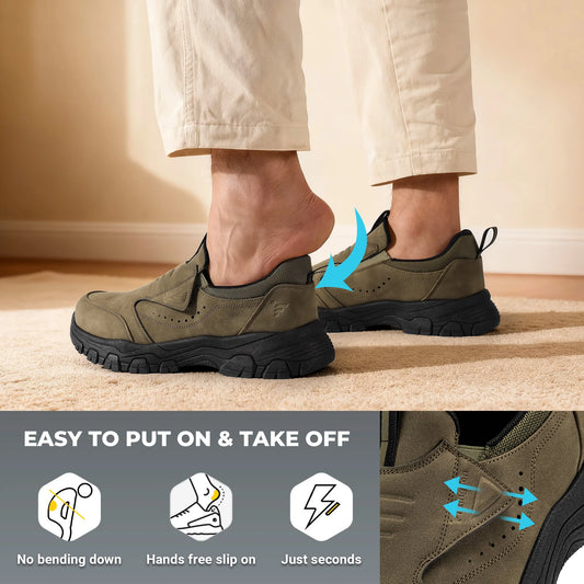 Dark gray men's slip-on loafers by BackupMyFilesNow.com featuring lightweight design, flat style, and arch support insoles for comfort