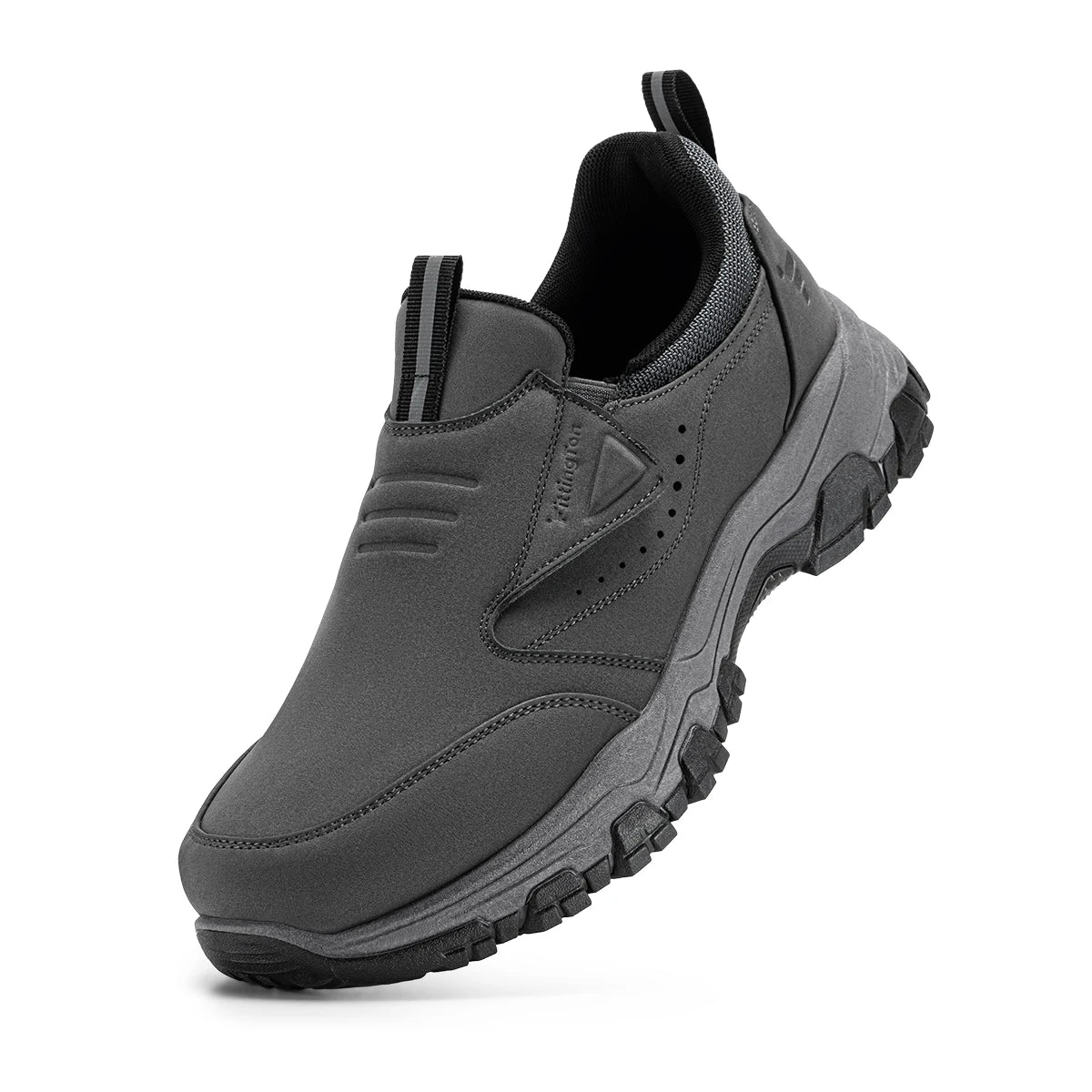 Dark gray men's slip-on loafers by BackupMyFilesNow.com, lightweight business casual shoes with arch support and all-day comfort.