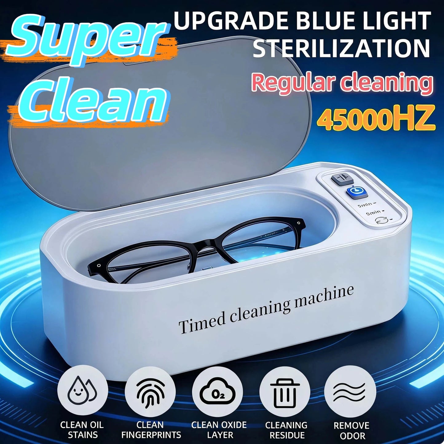 Dark green Super Clean ultrasonic glasses cleaning machine with digital timer and high-frequency ultrasound for jewelry and glasses cleaning.