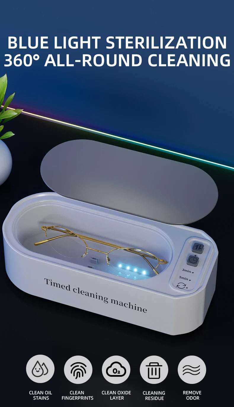 Dark green Super Clean ultrasonic glasses cleaning machine with digital timer, high-frequency ultrasound for jewelry and glasses cleaning.