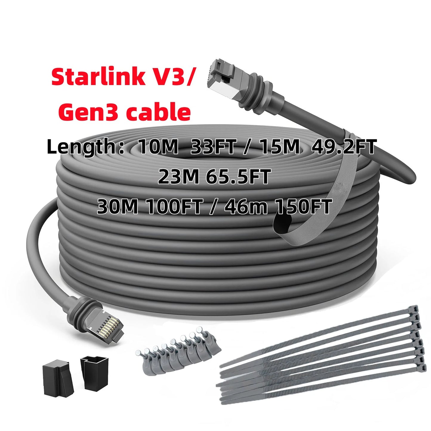 Starlink Gen 3 75ft waterproof outdoor Ethernet cable in gray with retainer, designed for reliable outdoor internet connections.