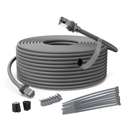 Starlink Gen 3 75ft waterproof outdoor Ethernet cable in gray with retainer, designed for reliable outdoor internet connections.