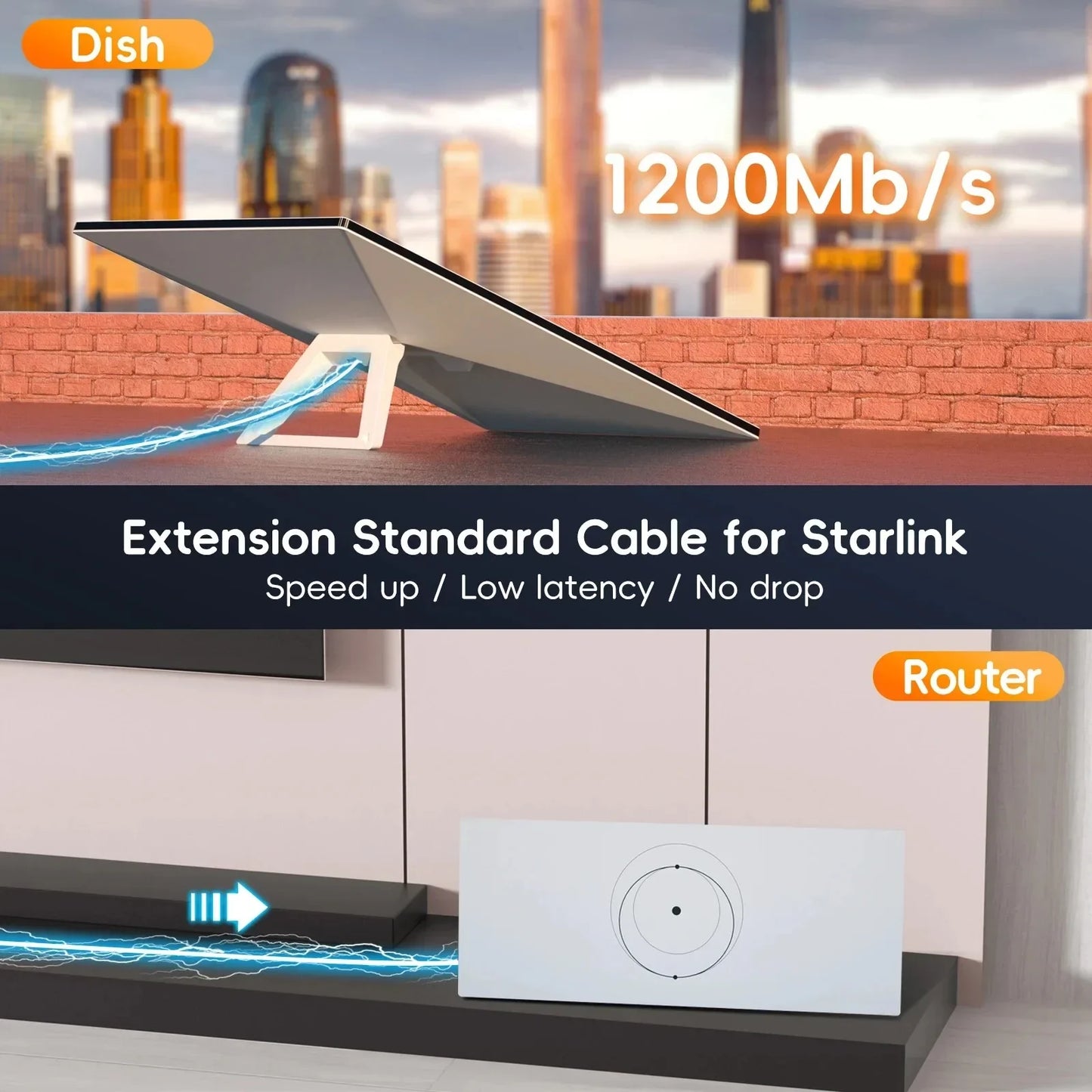 Dark grey Starlink Version 3 extension cord, 15m length, with Gigabit Ethernet RJ45 connector for satellite router connection.