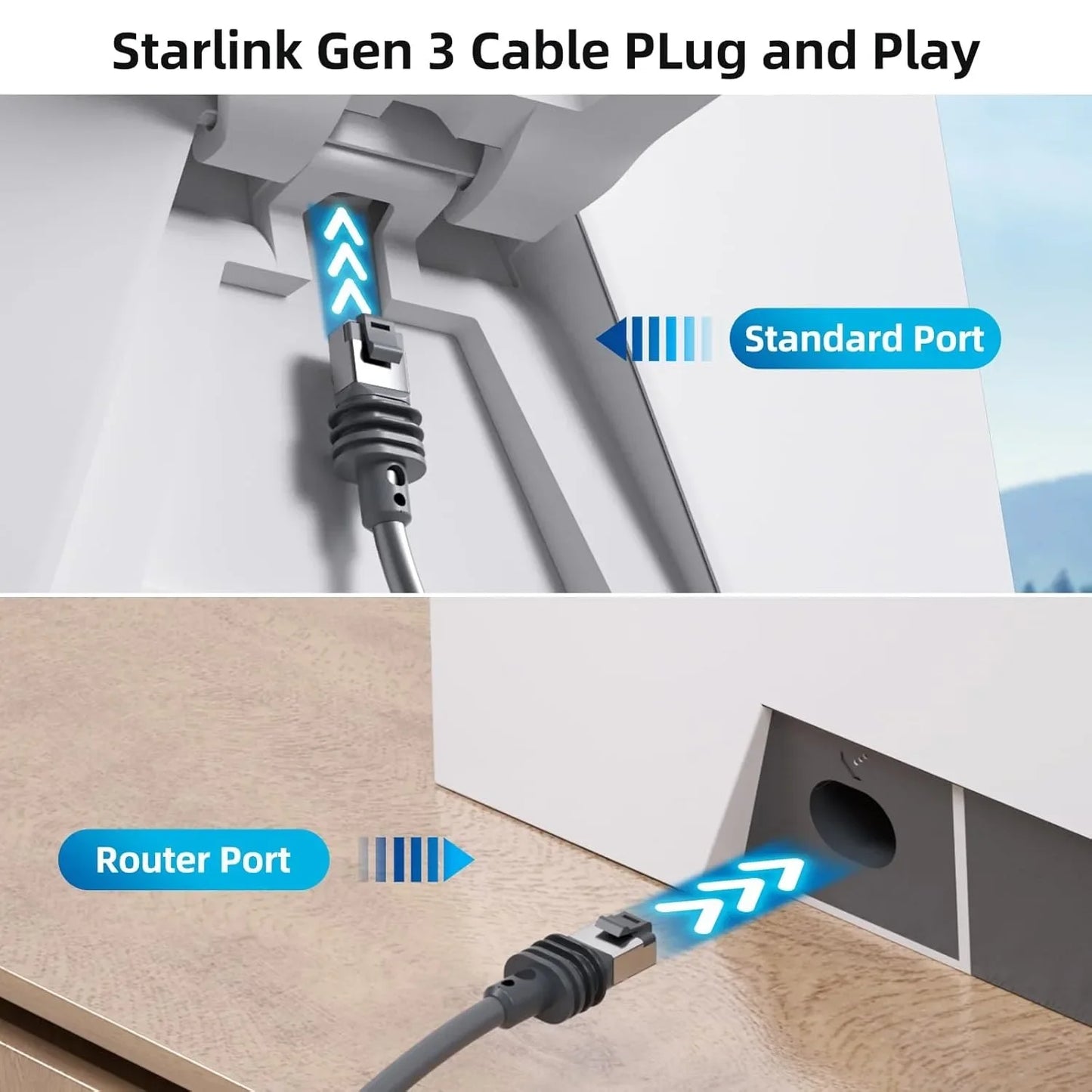 Dark grey 2m Starlink Gen 3 Ethernet cable with waterproof design and standard actuated connector, suitable for Starlink internet setup.