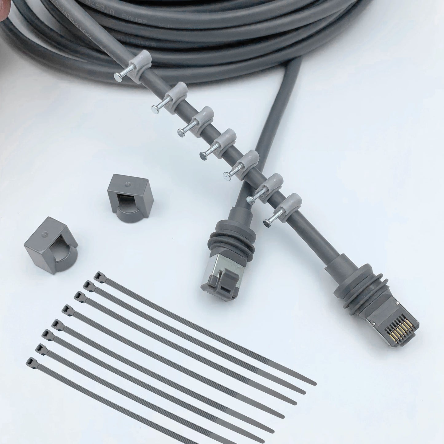 Starlink Gen 3 waterproof outdoor Ethernet cable in gray with retainer, 30m (100ft), from BACKUPMYFILESNOW.COM.