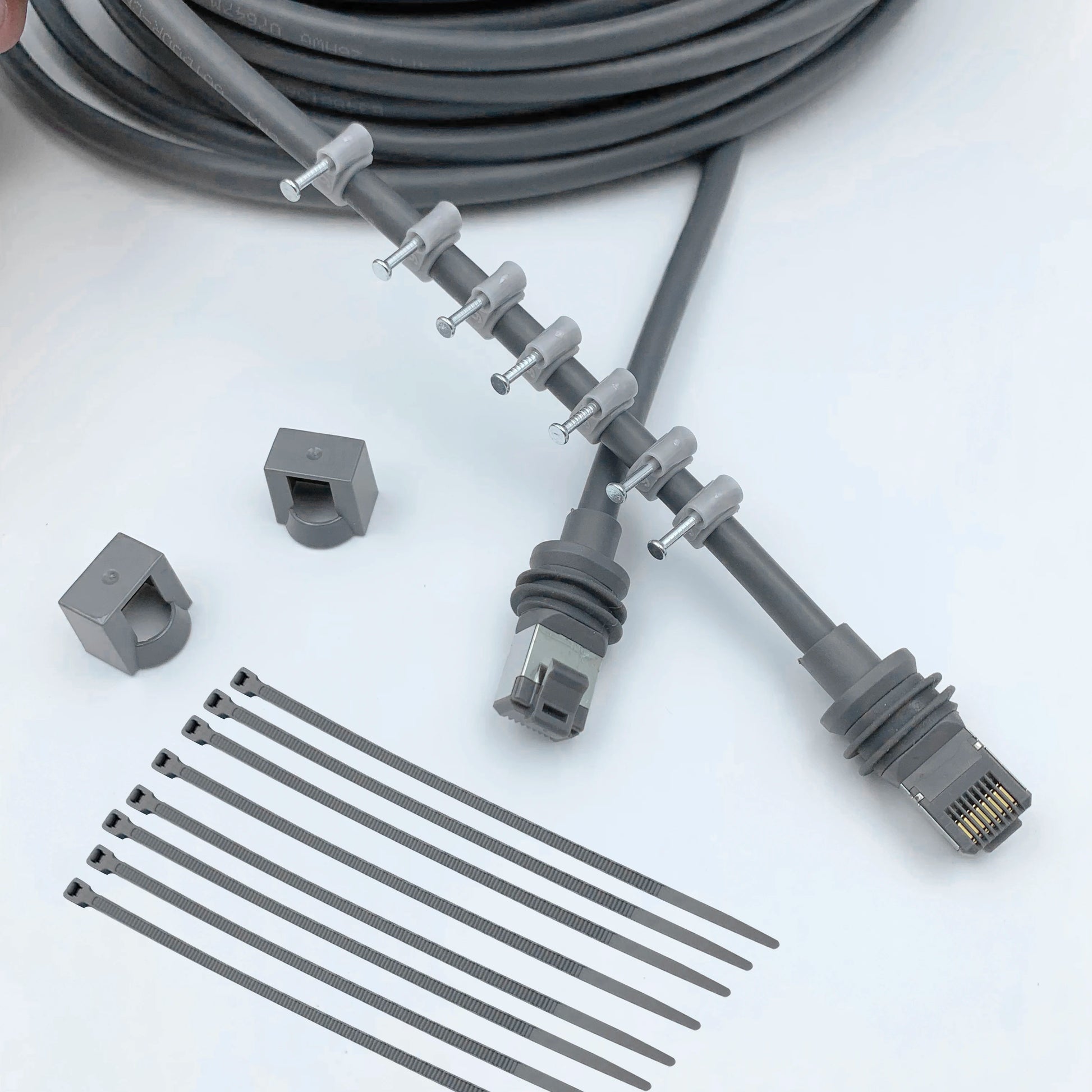 Starlink Gen 3 waterproof outdoor Ethernet cable in gray with retainer, 30m (100ft), from BACKUPMYFILESNOW.COM.