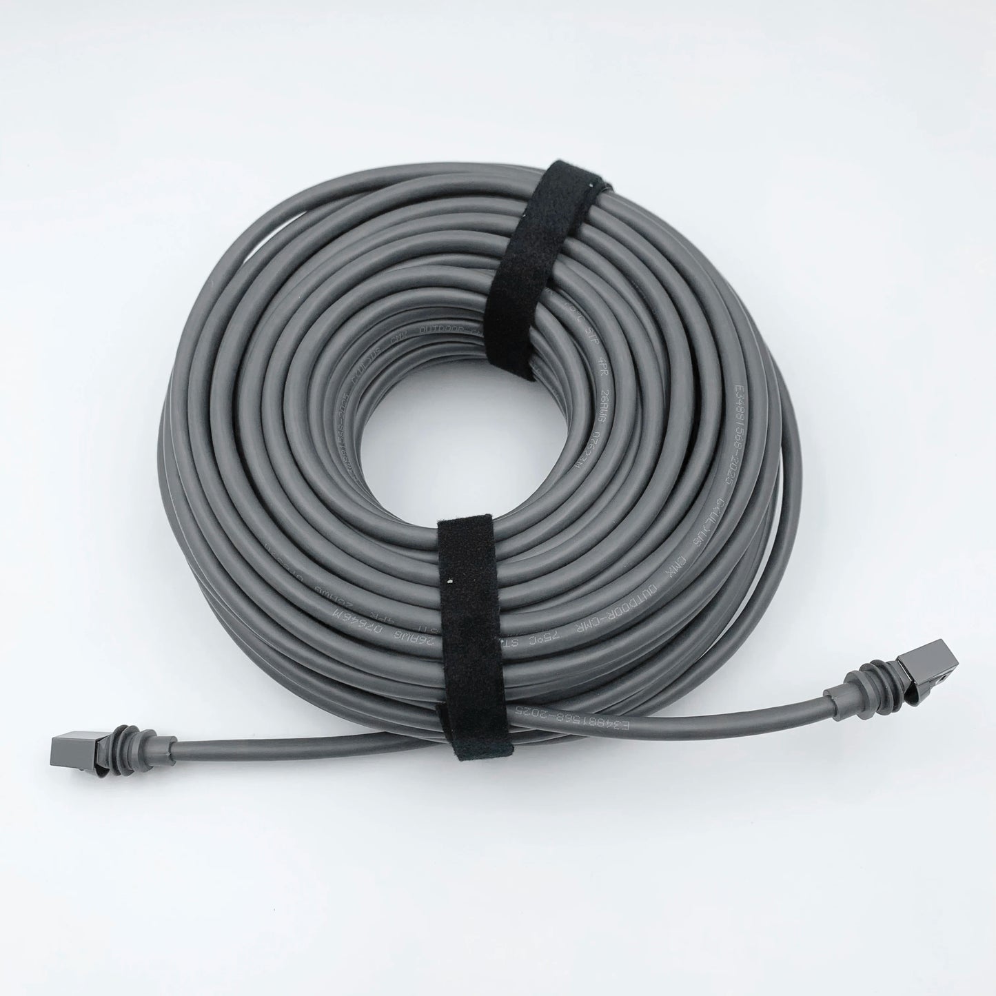 Gray Starlink Gen 3 waterproof outdoor Ethernet cable with retainer, 30m (100ft) length, designed for outdoor connectivity.