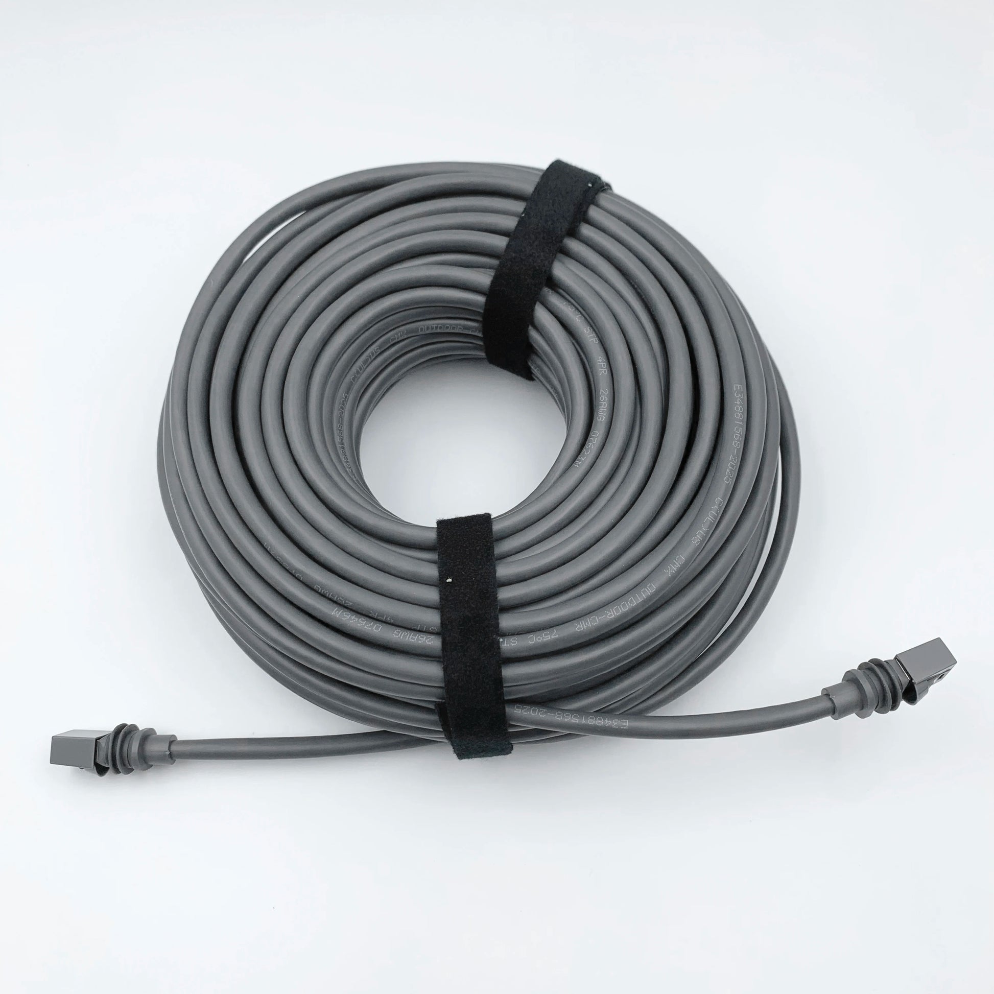Gray Starlink Gen 3 waterproof outdoor Ethernet cable with retainer, 30m (100ft) length, designed for outdoor connectivity.