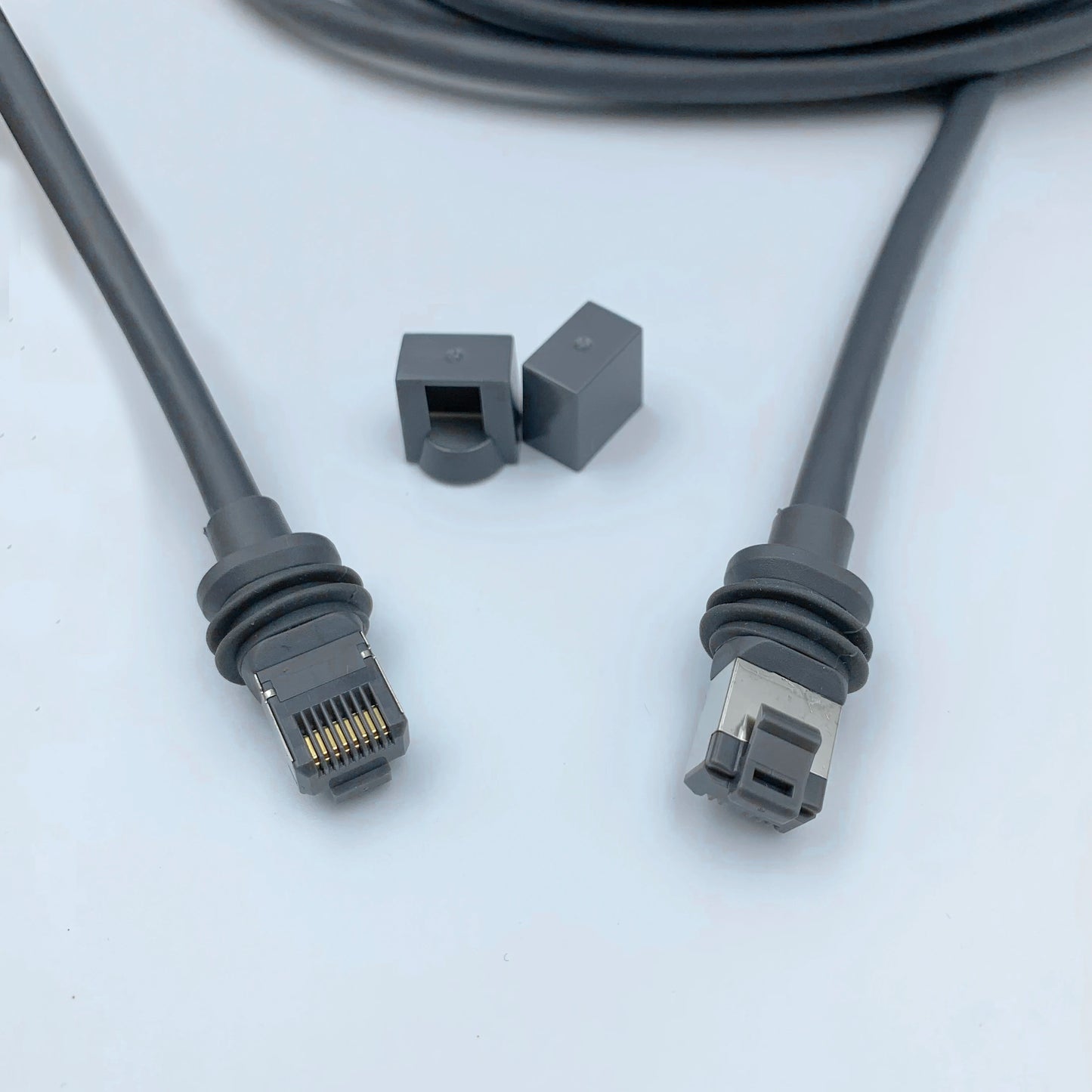 Gray Starlink Gen 3 waterproof outdoor Ethernet cable with retainer, 30m (100ft), designed for outdoor networking by BACKUPMYFILESNOW.COM®.