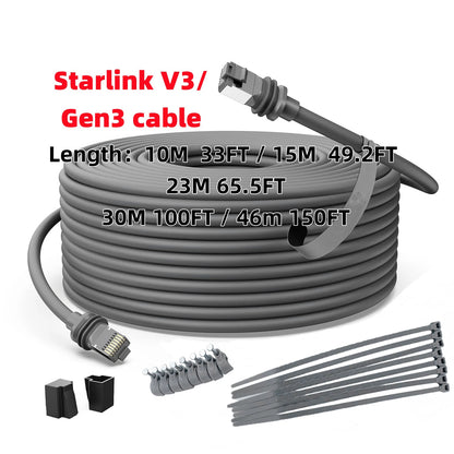 Starlink Gen 3 waterproof outdoor Ethernet cable in gray with retainer, 30m (100ft), designed for outdoor internet connections.