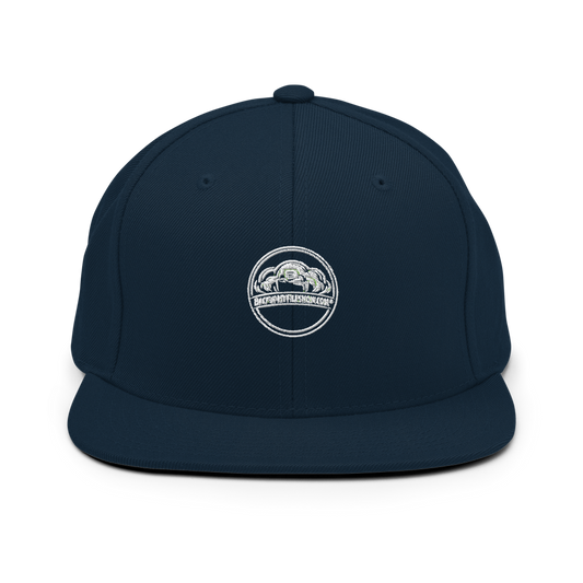 Dark navy Classic Snapback cap by Yupoong 6089M with flat brim and adjustable strap, featuring embroidered design.