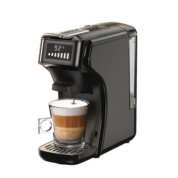BackupMyFilesNow® hot and cold coffee machine in black, showing sleek design with coffee brewing and dispensing features.