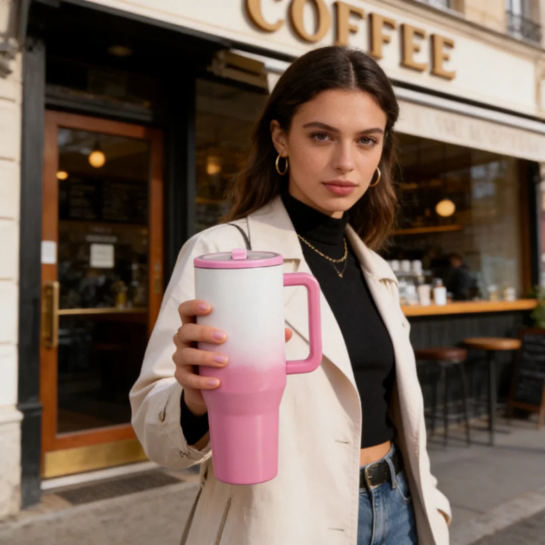 Dark pink 40 oz stainless steel traveler water bottle with handle and flip straw, ideal for travel and hydration.