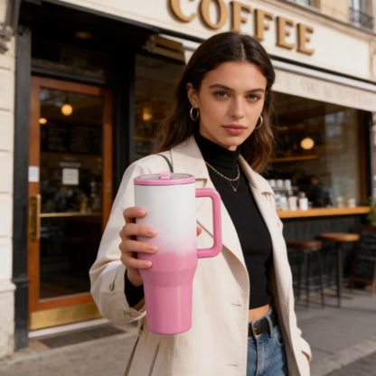 Dark pink 40 oz stainless steel traveler water bottle with handle and flip straw, ideal for travel and hydration.
