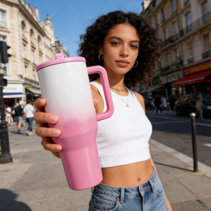 Dark pink 40 oz stainless steel traveler water bottle with handle and flip straw, ideal for travel and outdoor use.