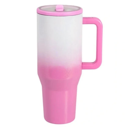 Dark pink 40 oz stainless steel travel water bottle with handle and flip straw, designed for hot and cold beverages.