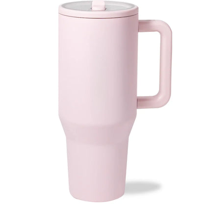 Dark pink 40 oz stainless steel traveler water bottle with handle and flip straw, ideal for travel and outdoor use.
