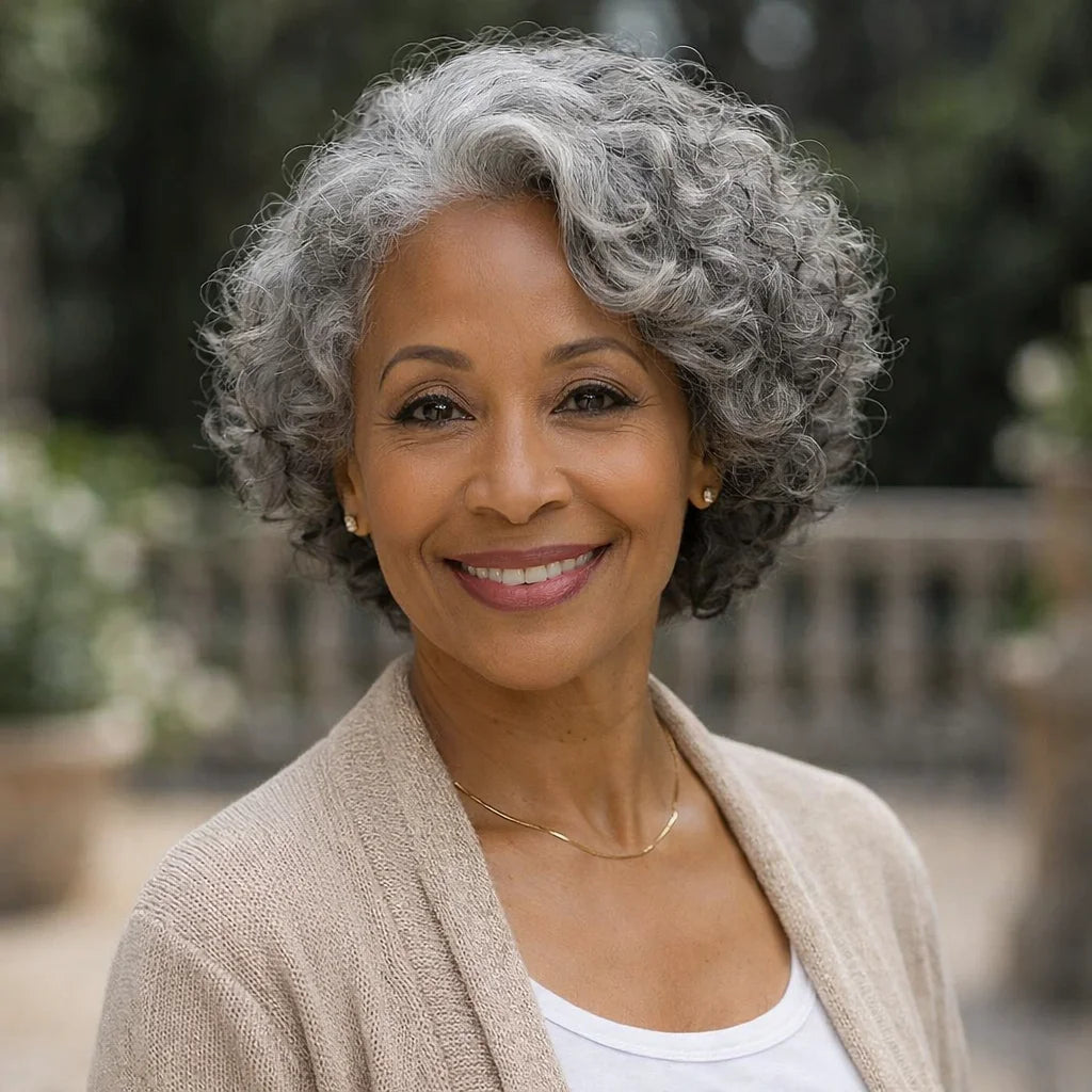 Soul Lady salt and pepper short bob wig with loose curls, 5x5 lace closure, human hair, glueless, with bangs in silver grey.