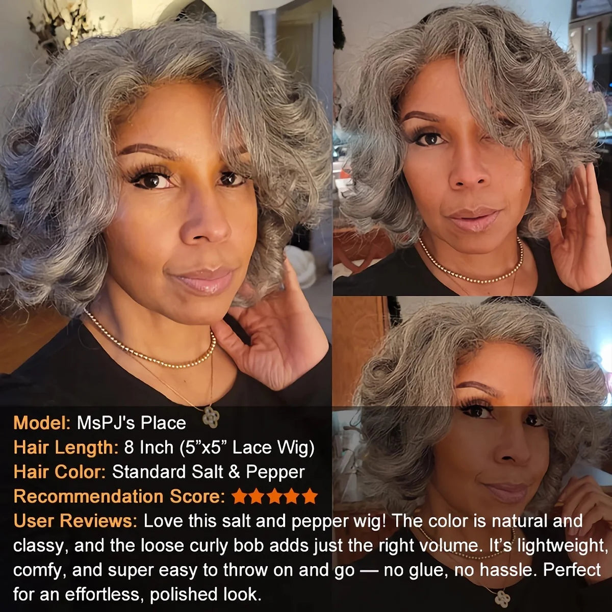 Soul Lady salt and pepper wig featuring loose curls, 5x5 lace closure, short silver grey bob with bangs, glueless human hair style.
