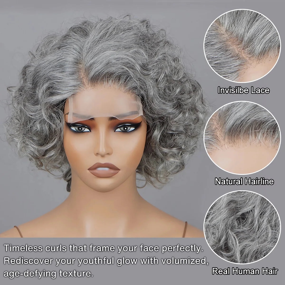 Soul Lady Salt & Pepper glueless curly lace closure wig with bangs, silver grey short bob, human hair for seniors.