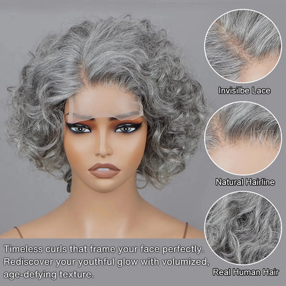 Soul Lady Salt & Pepper glueless curly lace closure wig with bangs, silver grey short bob, human hair for seniors.