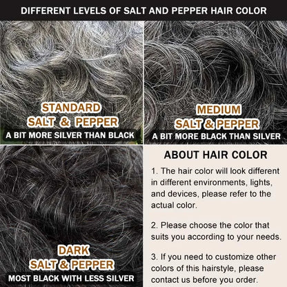 Soul Lady Salt & Pepper wig with loose curls, 5x5 lace closure, human hair, silver grey short bob with bangs for seniors.
