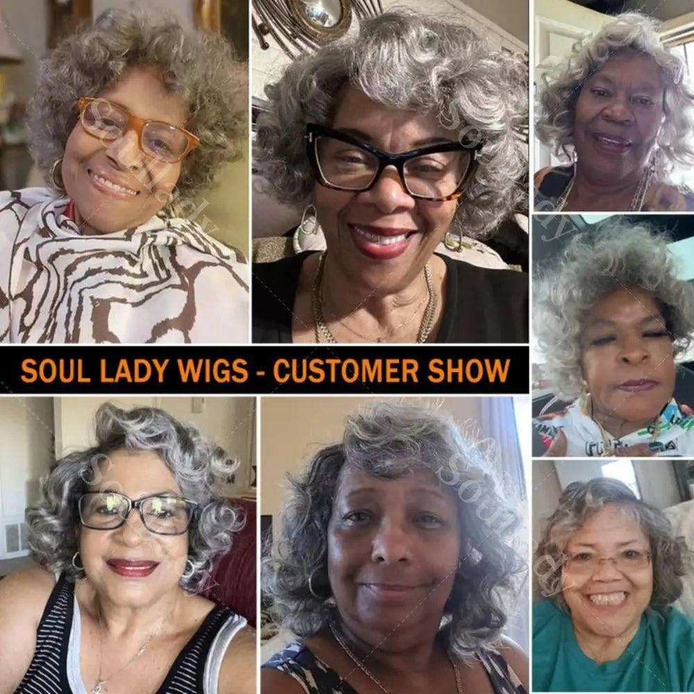 Soul Lady Salt & Pepper glueless curly lace closure wig with bangs, silver grey short bob, human hair for seniors, 8 inches.