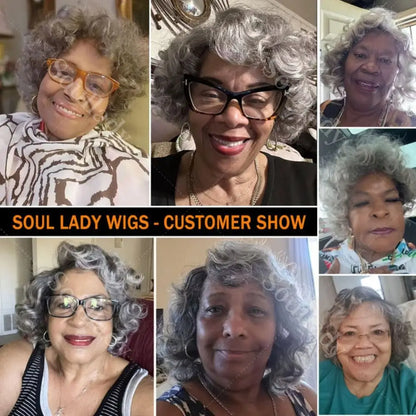 Soul Lady Salt & Pepper glueless curly lace closure wig with bangs, silver grey short bob, human hair for seniors, 8 inches.