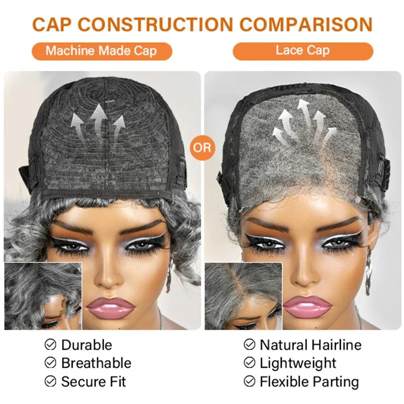 Soul Lady Salt & Pepper glueless curly lace closure wig with bangs, silver grey short bob, human hair for seniors, 8-inch length.