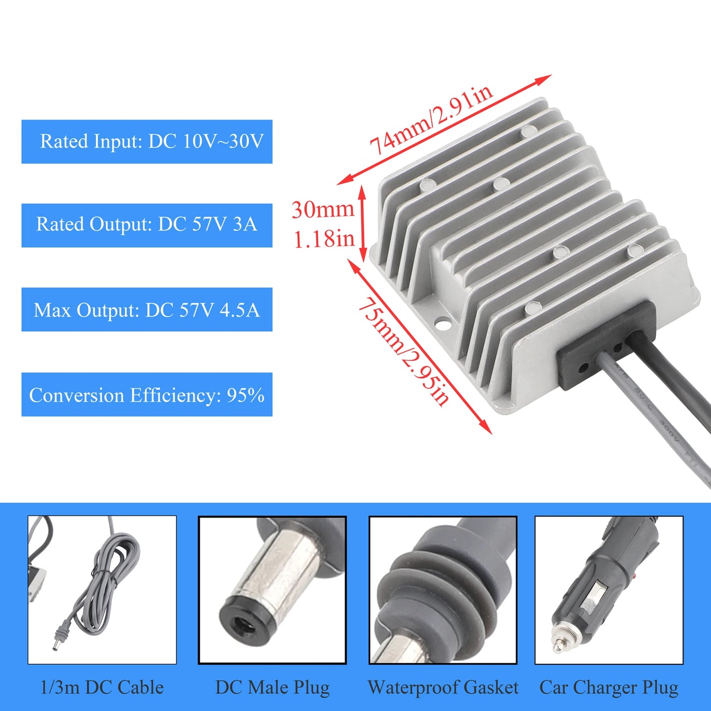 BackupMyFilesNow.com Starlink Gen3/Mini DC power converter 12V-24V to 57V, waterproof aluminum shell, 4.5A with DC male plug 5.5x2.1mm