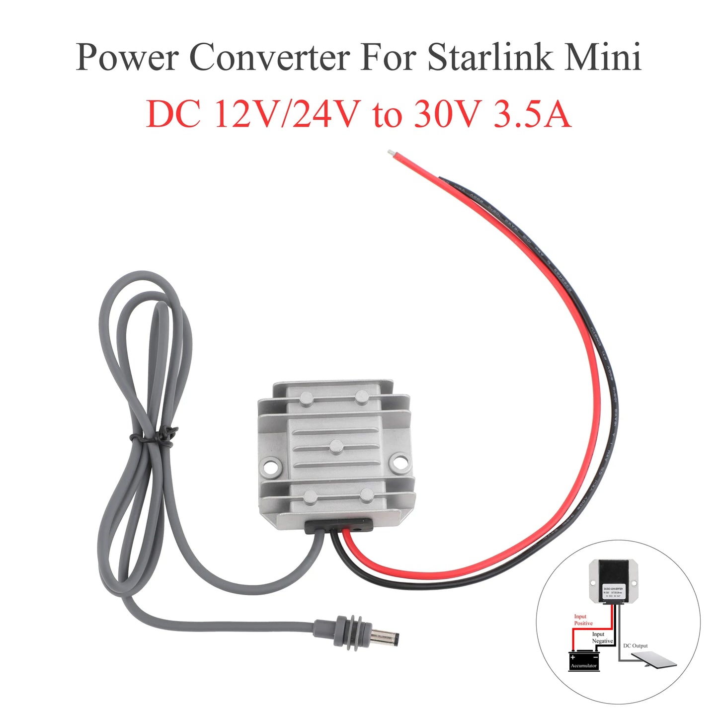 Starlink MINI DC power converter booster with 1m and 15m extension cables, 12V/24V to 30V, 3.5A, with male plug and female connectors