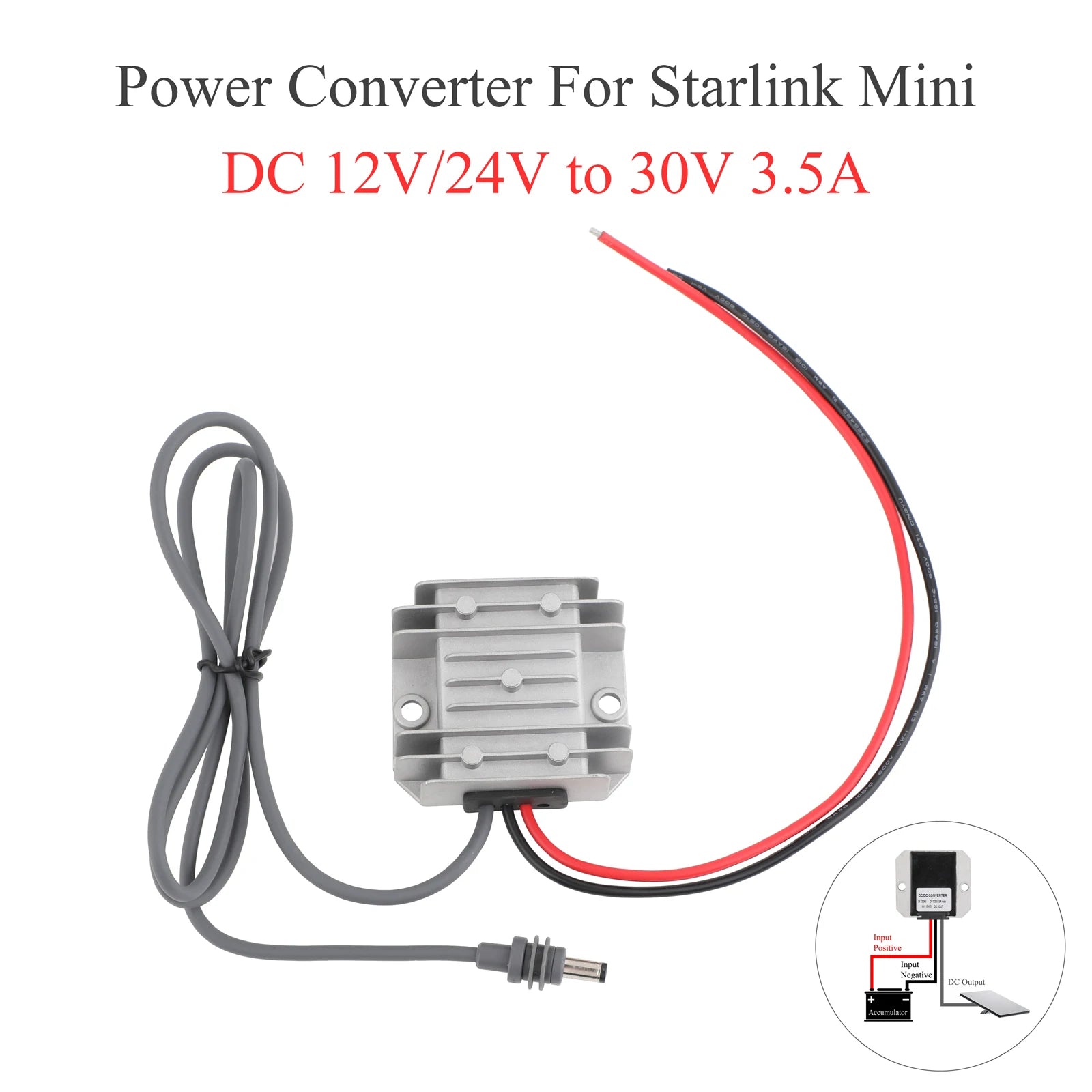 Starlink MINI DC power converter booster with 1m and 15m extension cables, 12V/24V to 30V, 3.5A, with male plug and female connectors