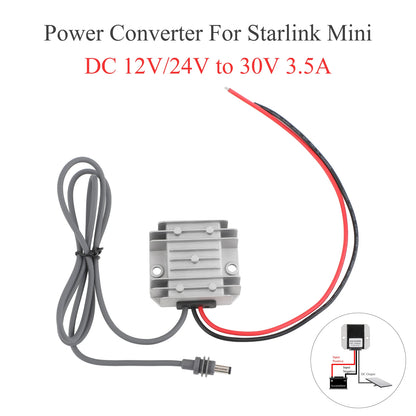 Starlink MINI DC power converter booster with 1m and 15m extension cables, 12V/24V to 30V, 3.5A, with male plug and female connectors
