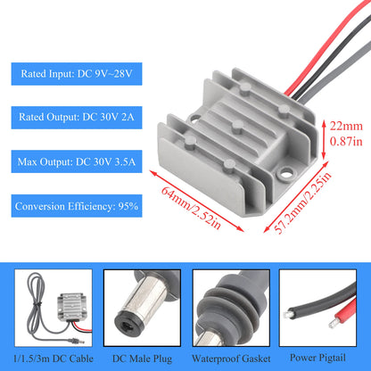 Starlink MINI DC power converter booster with 1m and 15m extension cable, 12V/24V to 30V, 3.5A, male to female DC connectors