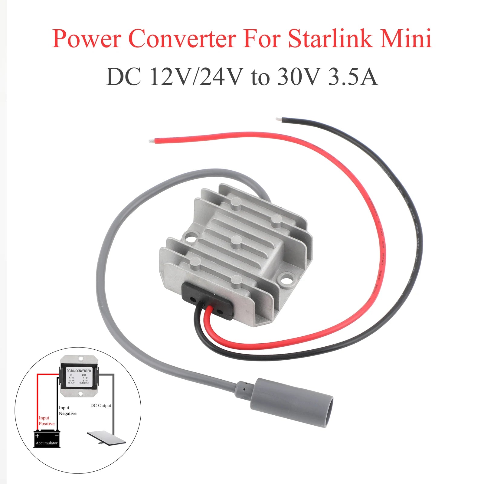 BackupMyFilesNow® Starlink MINI 12/24V to 30V 3.5A DC power boost converter with female plug and 20m extension cable.