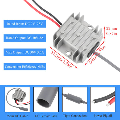 BackupMyFilesNow Starlink Mini DC power boost converter with female plug and 3.5A extension cable, 12V-24V to 30V, 3-20m length.