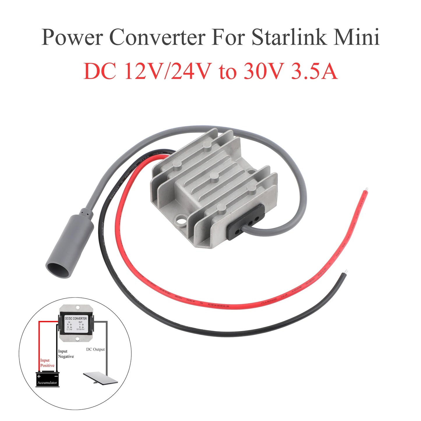 BackupMyFilesNow® Starlink MINI 12V-24V to 30V 3.5A DC power boost converter with Starlink female plug and extension cable.