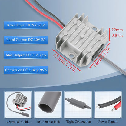 BackupMyFilesNow® Starlink MINI DC power boost converter with female plug and 3-20m extension cable, suitable for 12V-24V to 30V.
