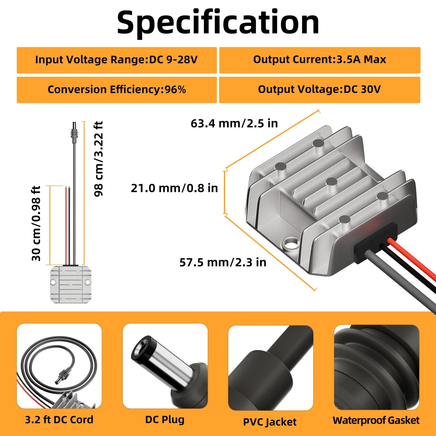 Starlink Mini 12VDC power supply step-up kit with DC plug, converts to 30V at 3.5A for reliable power solutions.